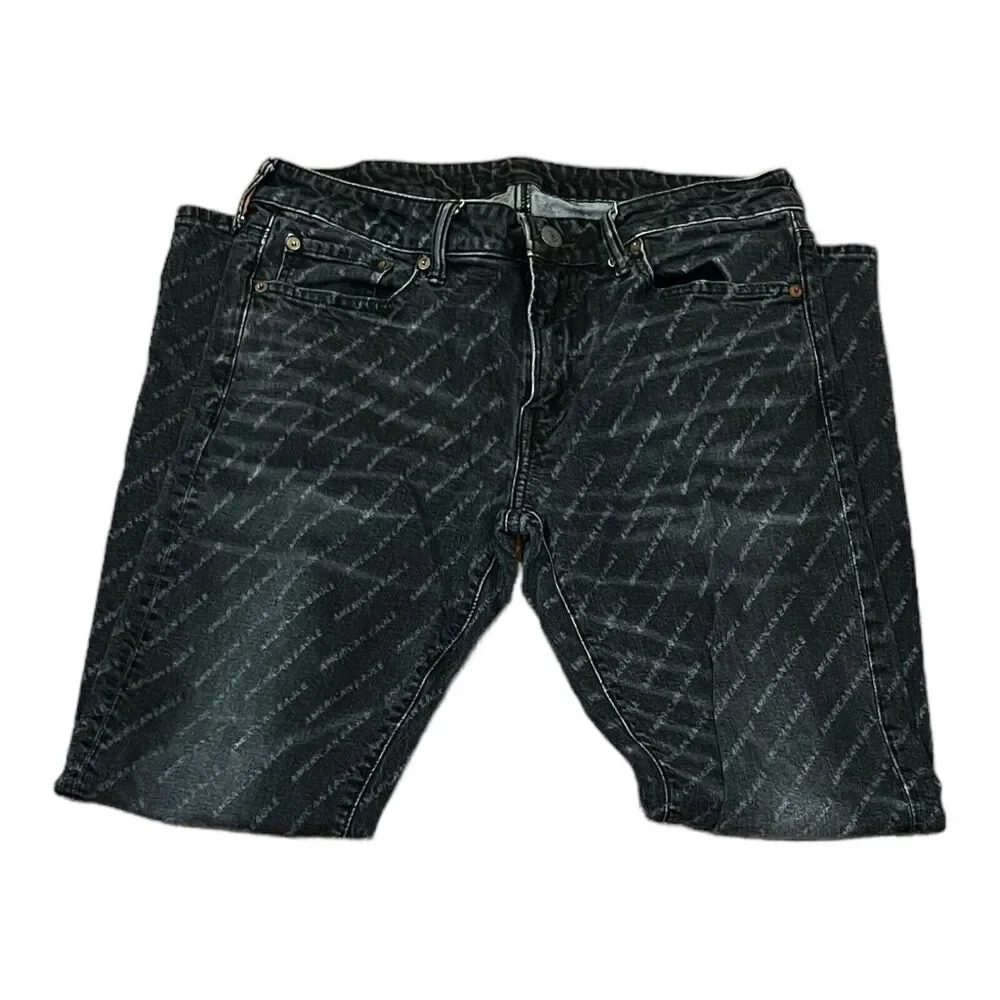 American Eagle Mens 33x32 Skinny Jeans Black Gray Stripe Denim Measured 33x31